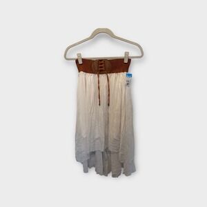 Magic Women's White High Low Skirt Boho Brown Belt Smocked Waist Size‎ Small